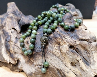 Mala Jade, 108 piedras naturales 6 mm, Piedra del Equilibrio Emocional, Japa Mala, Collar para Hombre y Mujer, Joyería de Meditación, Hecho a mano.