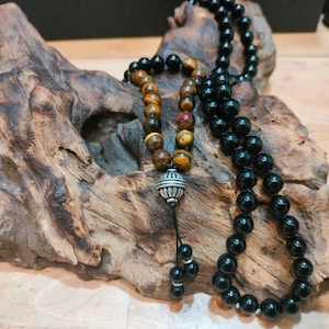 Obsidian and Tiger Eye Mala, Protection Stones, 108 8 mm Stones, 925 Silver Bead, Japa Mala, Meditation Jewelry, Handmade