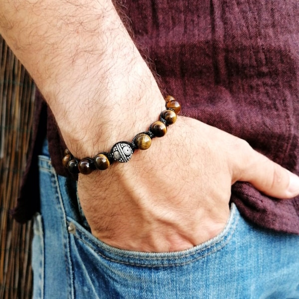 Tiger Eye Bracelet, Stone of Protection and Willpower, Handmade Shamballa, Silver Pearl, Men's Women's Bracelet, Macrame