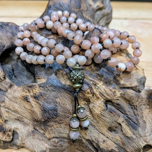 Moonstone Mala, 108 Natural Stones 6 mm, Japa Mala, Hand Knotted, Buddhist Necklace, Tibetan Rosary, Stone Necklace, Crafts.