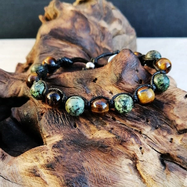 Shamballa Afrikanisches Türkis-Tigerauge, Unisex-Armband, Natursteine, handgefertigt, Makramee-Armband, spirituelles Schutzamulett