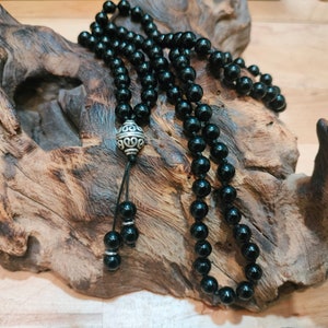 Obsidian Mala, Warrior and Protection Stone, 108 6 mm stones, Japa Mala Pearl 925 Silver, Men's and Women's Necklace, Meditation Jewel.