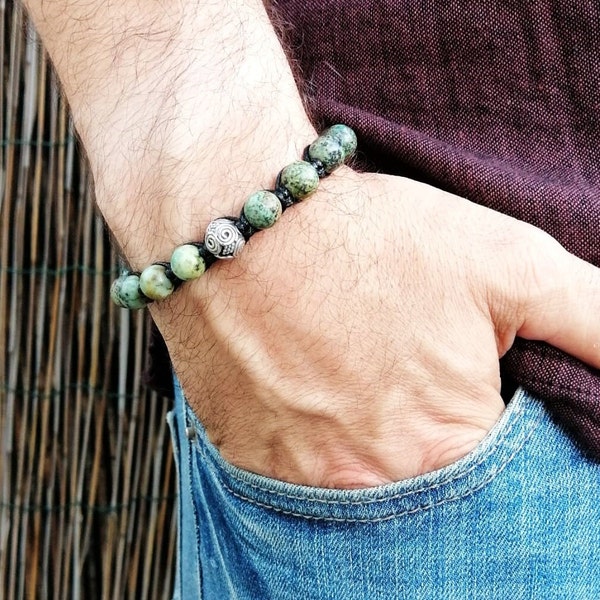 Turquoise Africaine Shamballa, Bracelet Perle Argent, Bracelet Homme Femme, Méditation, Artisanat, Macramé, Pierres Naturelles Fait Main