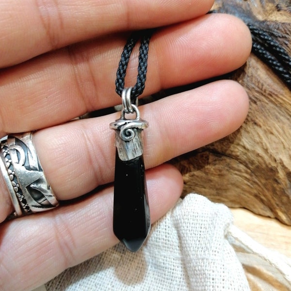 Obsidian Tip Set with Silver, Warrior Stone, Protective Amulet, Handmade, Unisex Jewelry, Boho Style Necklace