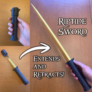 May include: A Riptide Sword with a dark gray handle featuring embossed swirl patterns and a gold-colored blade. The sword is shown in three states: retracted as a closed cylinder, partially extended, and fully extended with the text Riptide Sword.