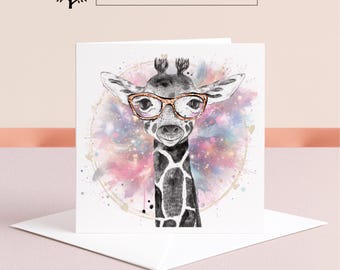 Carte girafe avec des lunettes : voeux d'anniversaire personnalisé