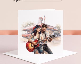 Carte rockabilly, musique, carte de voeux de danse personnalisée, danseurs, guitare,
