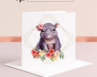 Carte d'anniversaire hippopotame : carte vierge personnalisée
