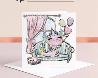 Jolie carte d'anniversaire dragon, ballons, voeux personnalisés