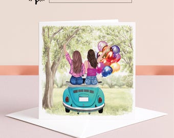 Carte d'anniversaire fille et voiture : carte de voeux personnalisée
