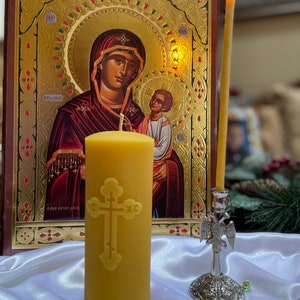 Orthodox Cross Beeswax Pillar Candle - Handmade Ontarian Beeswax