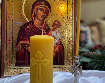 Orthodox Cross Beeswax Pillar Candle/ Ontario beeswax/ devotional/ orthodox/ Christian/ pillar/ pure beeswax/ handmade/memorial candle