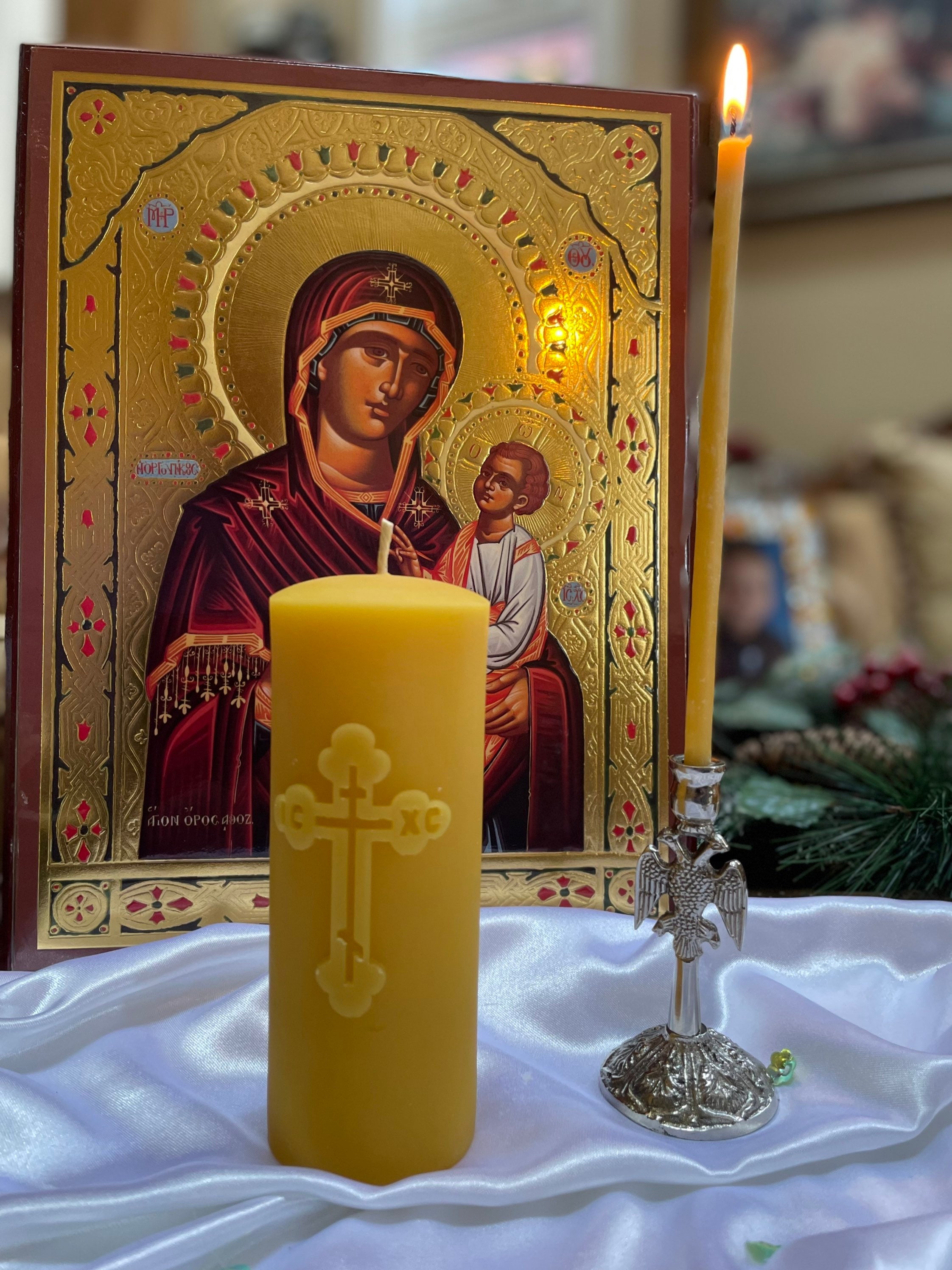 Orthodox Cross Beeswax Pillar Candle/ Ontario Beeswax/