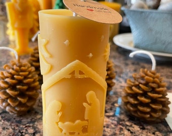 Nativity Scene Beeswax Pillar Candle/ Handmade/ Pure Beeswax/ Christmas/ Gift/ Christ/ Emmanuel/ Christmas Candles/ Handcrafted/ Natural/