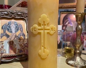 Large Orthodox Cross Beeswax Pillar Candle: Handmade Devotional Candle