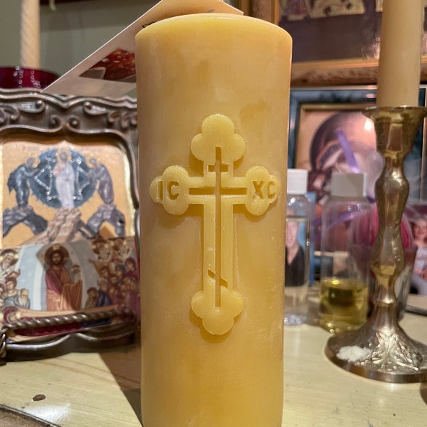 Large Orthodox Cross Beeswax Pillar Candle/ Ontario beeswax/ devotional/ orthodox/ Christian/ pillar/ pure beeswax/ handmade/memorial candle