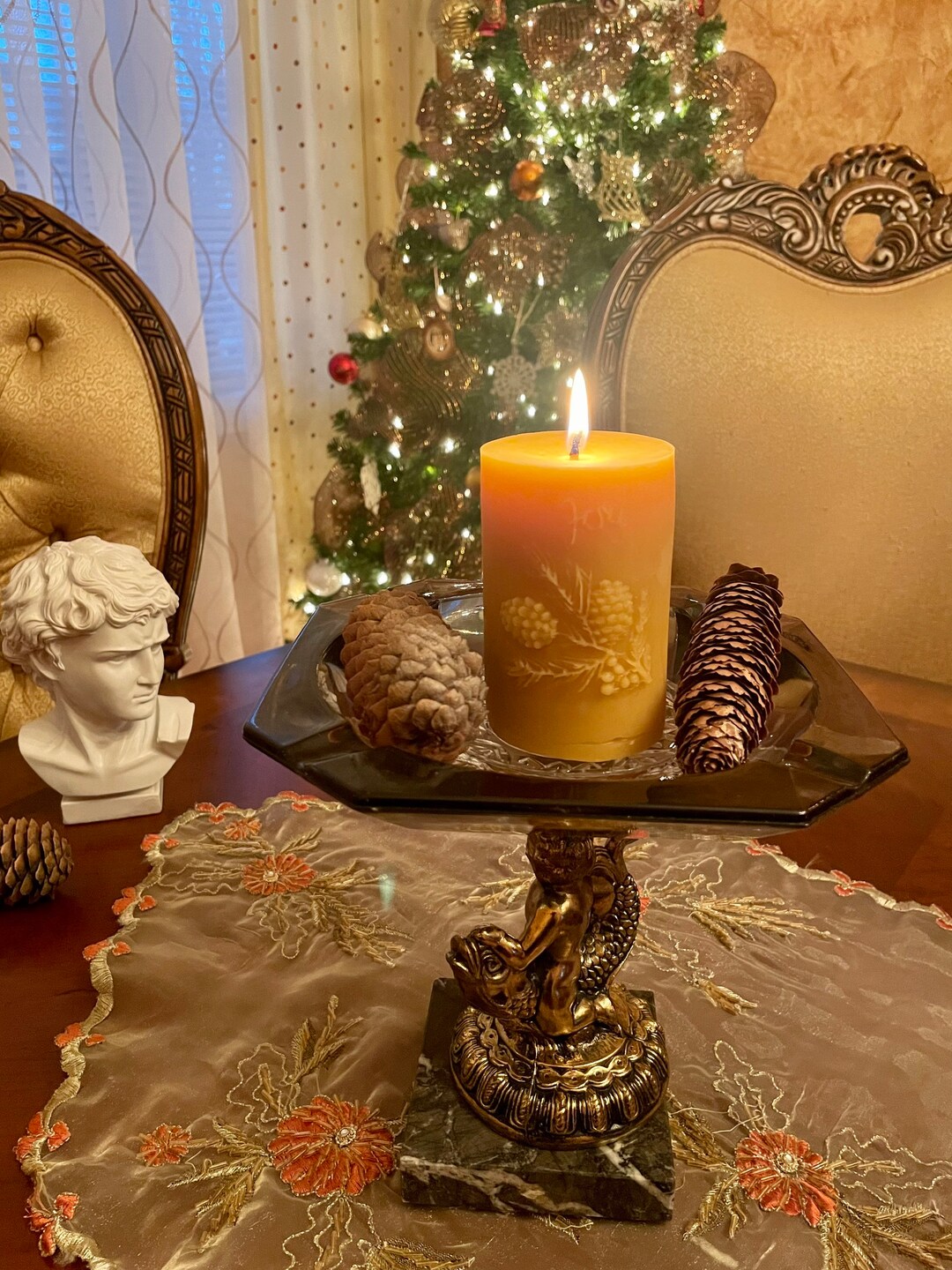 Beeswax Pillar Candles Christmas Candles Pinecones Handmade Pillar