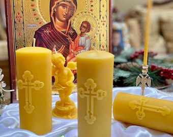 Set of 2 Orthodox Cross Beeswax Pillar Candle/ Ontario beeswax/ devotional/ orthodox/ Christian/ Christmas/ pillar/ pure beeswax/ handmade/
