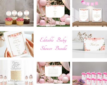 Pink Floral Baby Shower Bundle: Editable Invitation, Signs, and Games (Digital Download)