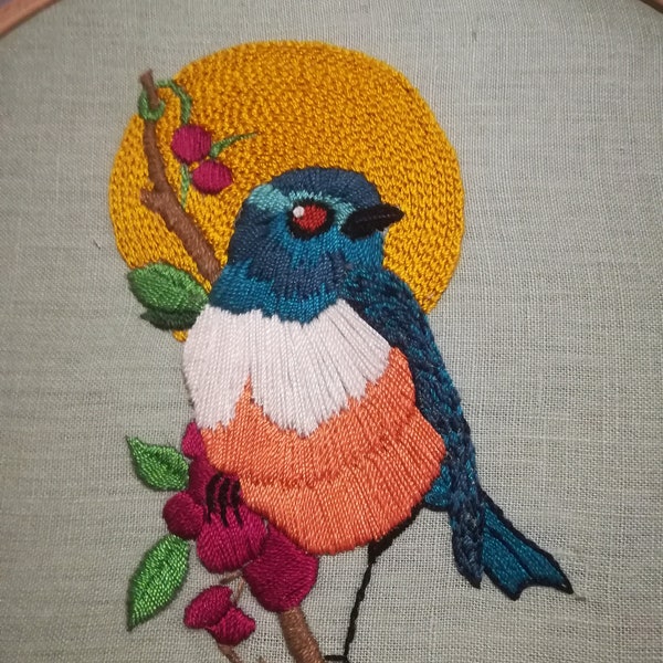 broderie, tableau brodé, broderie murale, oiseau