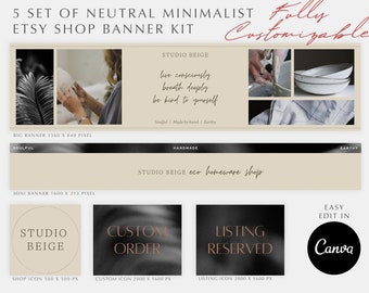 Könnte beinhalten: Ein Satz von fünf anpassbaren Etsy-Shop-Bannern im neutralen minimalistischen Stil mit beigefarbenem Hintergrund. Die Banner enthalten Text, der "Studio Beige", "Soulful", "Handmade", "Earthly", "Studio Beige eco homeware shop", "Custom Order", "Listing Reserved" und "Easy Edit in Canva" lautet.