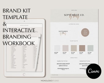 Può includere: Un tablet digitale che mostra un workbook di branding con un elenco di parole relative all'identità del marchio. Il workbook è intitolato "Interactive Branding Workbook". Un foglio di carta separato mostra un logo per "September Co.", una tavolozza di colori e informazioni sui font.
