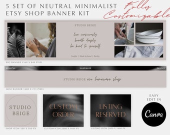 Könnte beinhalten: Fünf Etsy-Shop-Banner-Vorlagen im neutralen minimalistischen Stil. Die Banner haben einen beigefarbenen Hintergrund mit Schwarzweißbildern und Text. Der Text beinhaltet "Studio Beige", "Bewusst leben", "Tief durchatmen", "Sei freundlich zu dir selbst", "Soulful", "Handgefertigt", "Earthy", "Öko-Haushaltswaren-Shop", "Individuelle Bestellung", "Liste reserviert" und "Einfache Bearbeitung in Canva".