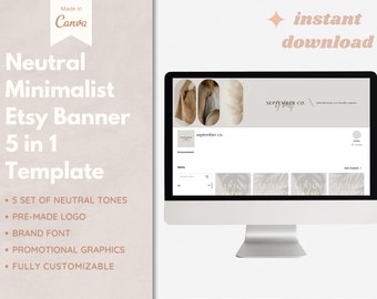 Könnte beinhalten: Ein Computerbildschirm zeigt eine Etsy-Banner-Vorlage in neutralen Farben mit dem Text "SEPTEMBER CO." und "CUSTOM ORDERS" in einem minimalistischen Design. Die Vorlage enthält ein vorgefertigtes Logo, eine Markenschriftart und Werbegrafiken. Der Text "Sofort-Download" wird in rosa Schrift auf weißem Hintergrund angezeigt.