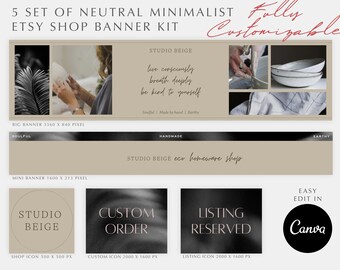 Könnte beinhalten: Ein Satz von fünf neutralen minimalistischen Etsy-Shop-Bannern in Beige und Schwarz mit Text, der "Studio Beige", "Soulful", "Handmade", "Earthy", "Studio Beige eco homeware shop", "Custom Order", "Listing Reserved", "Easy Edit in Canva", "Live consciously, breath deeply, be kind to yourself" und "Soulful | Made by hand | Earthy" lautet.