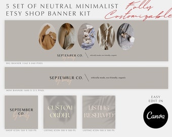 Può includere: Un set di cinque banner per negozio Etsy minimalisti e neutri con il testo "SEPTEMBER CO." e "Completamente personalizzabile". I banner sono di colore beige chiaro con una texture sottile. I banner sono progettati per l'uso con la piattaforma di progettazione Canva. I banner misurano 3360 x 840 pixel e 1600 x 213 pixel.