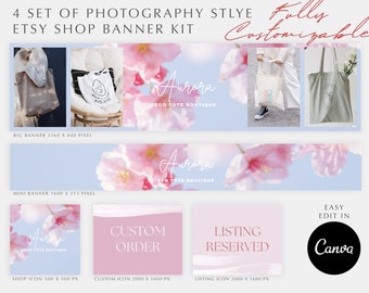 May include: A set of four customizable Etsy shop banners featuring a pink and white floral design with the text "Aurora Eco Tote Boutique". The banners are available in different sizes, including a large banner measuring 3360 x 840 pixels, a mini banner measuring 1600 x 213 pixels, and two icons measuring 500 x 500 pixels and 2000 x 1600 pixels. The banners are easy to edit in Canva.