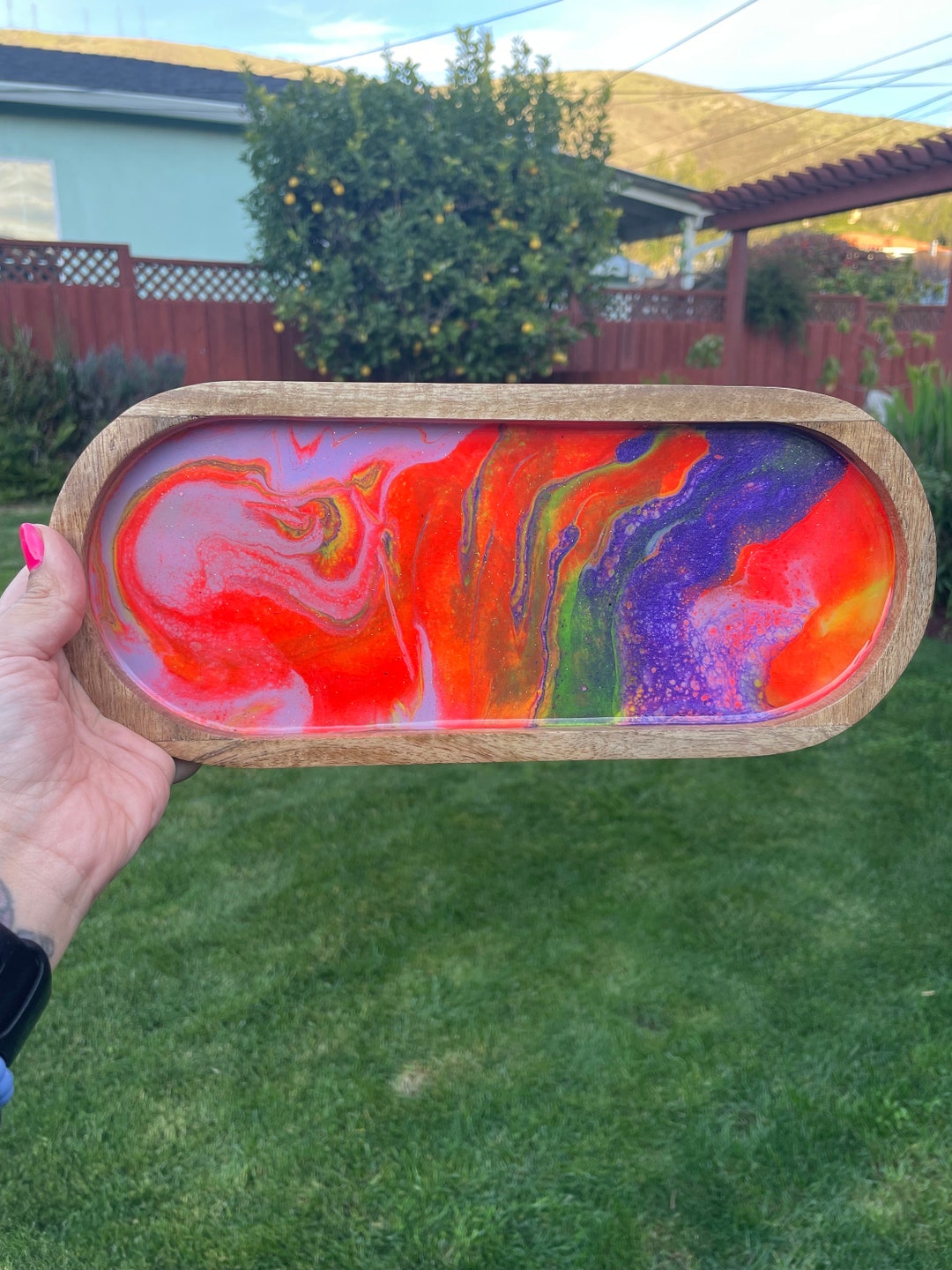 Neon Red/purple Paint Pour Tray With Glitter Wooden Serving Tray, 420