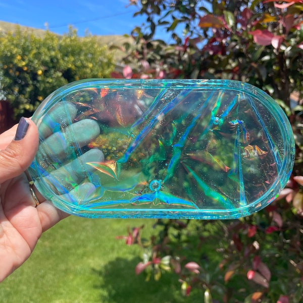 Aqua Holographic Resin Tray - resin tray, stoner gifts, resin trinket trays, girly gifts, witchy gifts, bathroom tray, jewelry tray