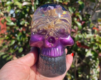 Black Tourmaline and Amethyst Resin Skull