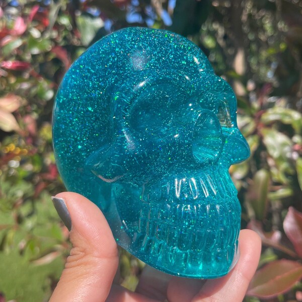 Aqua Glitter Resin Skull - resin skull, resin gift, altar decor, resin halloween decor, dia de los muertos skull