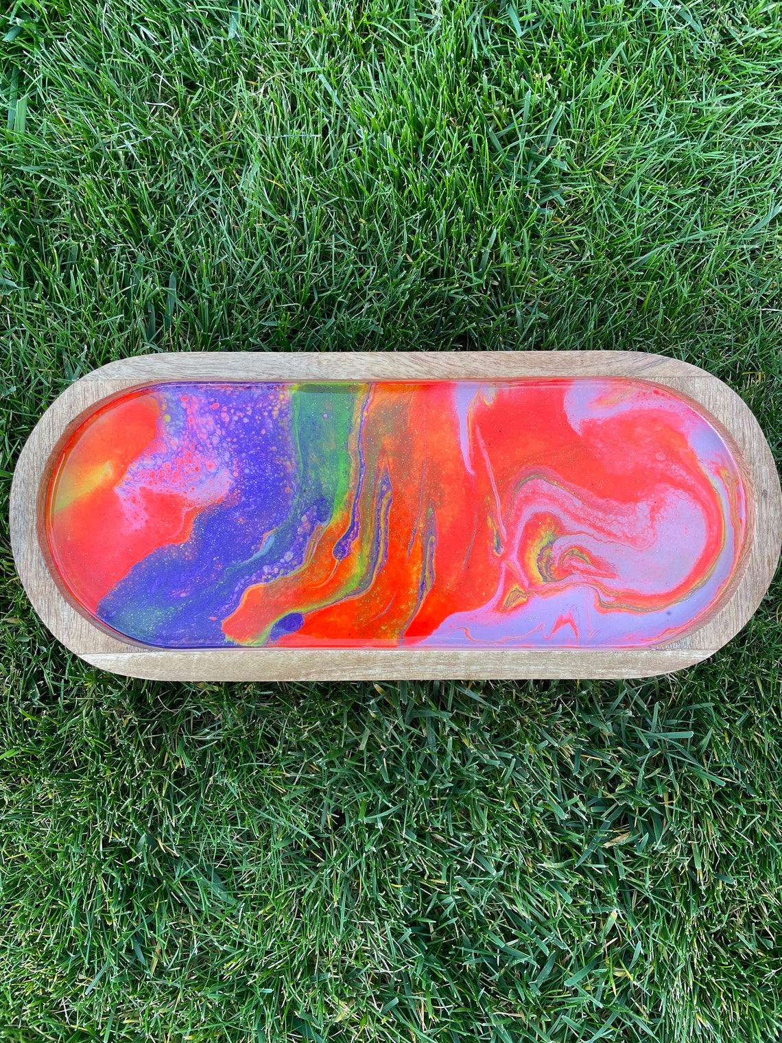 Neon Red/purple Paint Pour Tray With Glitter Wooden Serving Tray, 420