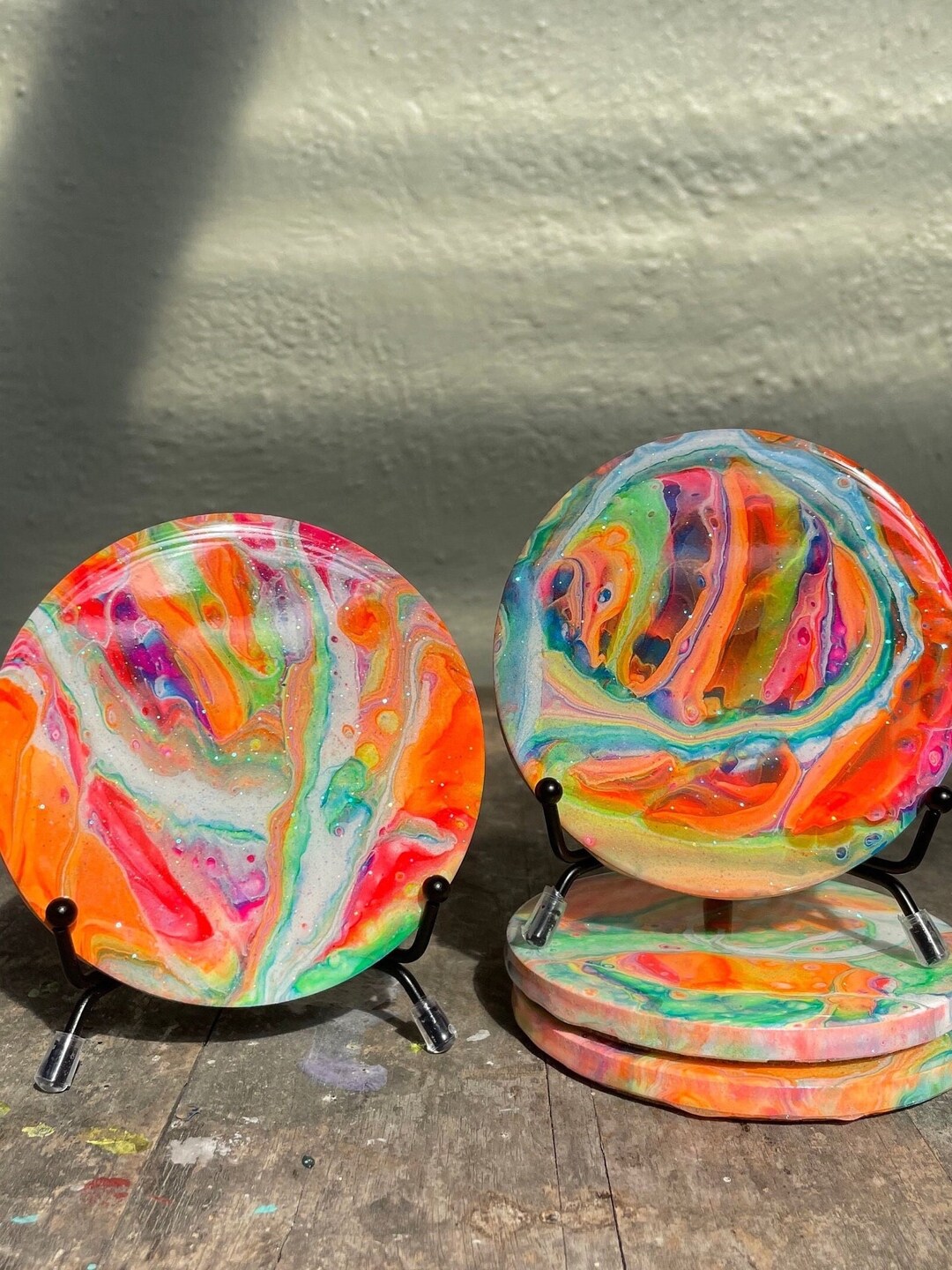 Acrylic Paint Pour Coaster Set of 4 NEON PRIDE Glitter Resin Etsy