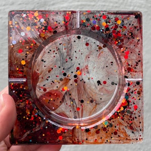 Black/Red/Orange Glitter Resin Square Ashtray