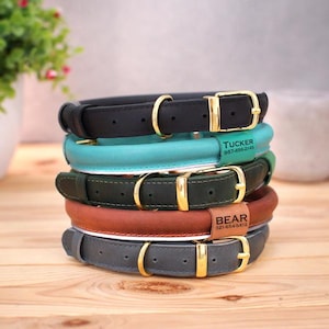 Reflective Leather Dog Collar, Personalized Rolled Dog Collars, Rope Dog Collar with Name ID Tag, Pet Collar Small Large, Round Dog Collars