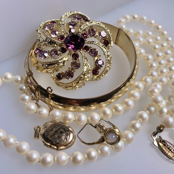 Vintage Costume Goldtone Jewelry Bundle, Coro Amethyst Brooch, Ladye Fayre Bangle, K&L Germany Earrings, Pearl Necklace, Oval Locket Pendant