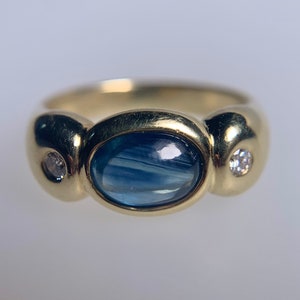 Natural Sapphire + Diamond 18K Yellow Gold Ring, Estate Vintage Blue Sapphire Cabochon Gemstone Jewelry, Virgo September Birthstone Gem Gift