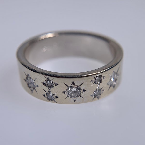 Star-Set Diamond 14K White Gold Wide Ring, Vintage Preowned CMC Cadman Canada Flat Band, Starburst Gem Setting, 1900s Art Deco Retro Jewelry