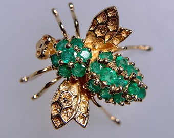 Emerald 14K Yellow Gold Bumble Bee Pendant Brooch, Preowned Heng Ngai Jewelry Inc, Insect Wasp Pin, May Gemini Taurus Birthstone Gem Jewelry