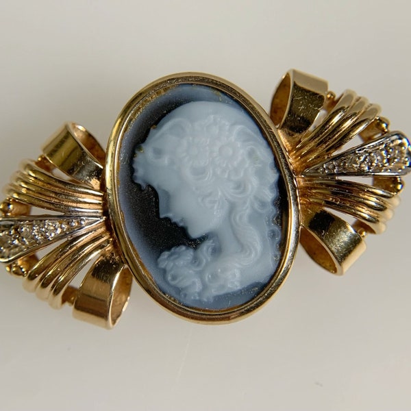 Blue-Black Agate Left-Facing Cameo + Diamonds in 10K Yellow Gold Brooch, Estate Preowned Edwardian Victorian Style Period Chalcedony Jewelry