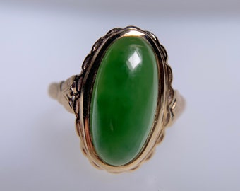 Natural Nephrite Jade 10K Rose Yellow Gold Cocktail Ring, Vintage Louis Fiessler Germany, Antique-look Victorian-style Ornate Jade Jewelry