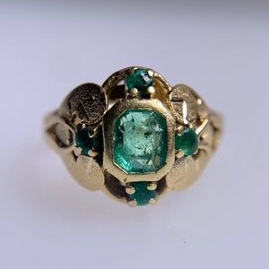 Emerald 5-Stone 18K Yellow Gold Ring, Estate Pine Green Crystal Beryl, Vintage Preowned Petite Pinky Jewelry, May Gemini Birthstone Her Gift