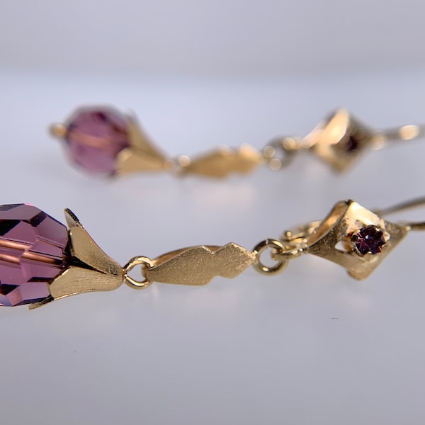 Vintage Giovanni Corletto Natural Amethyst 18K Yellow Gold Drop Earrings, Preowned Estate 1960s Designer Collector Italian Appraised Jewelry