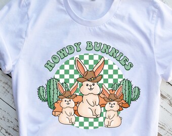 Howdy conejitos camisa de Pascua, camiseta de Pascua occidental, conejito de Pascua vaquero, camiseta feliz de Pascua, regalo de Pascua, camisa de Pascua groovy, retro occidental