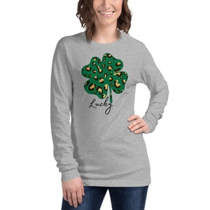 Leopard print lucky shamrock women&#39;s long sleeve t shirt, St Patrick&#39;s day tee, St Paddy&#39;s gift for women, shamrock shirt, lucky irish shirt