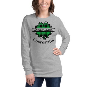 St. Patrick&#39;s Day shamrock long sleeve tee, Shenanigans coordinator shirt, shamrock shirt for women, Irish shirt, lucky shirt, St Pattys day